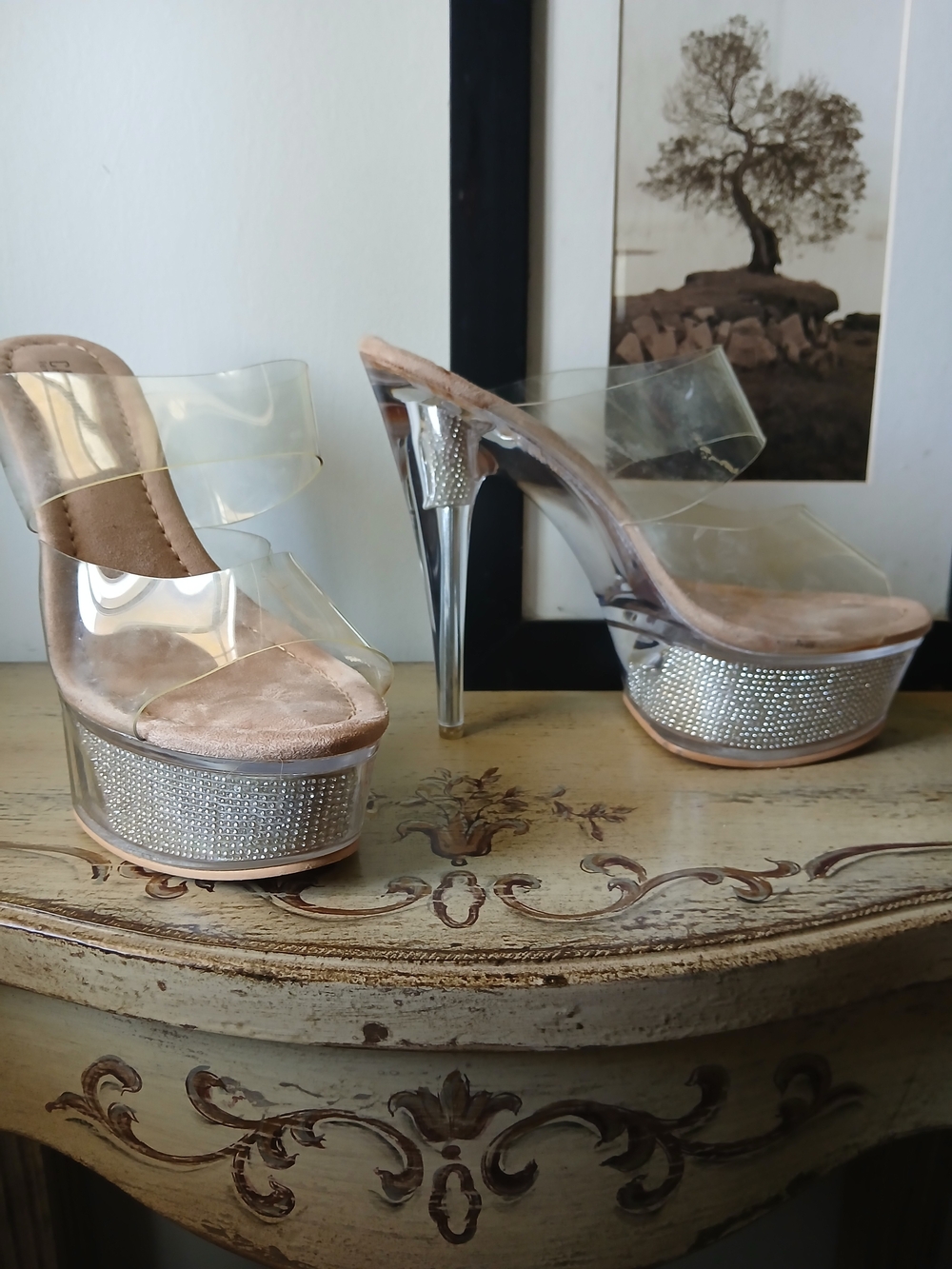 Cape Robbin Clear Platform Heels with Silver Rhinestone Trim